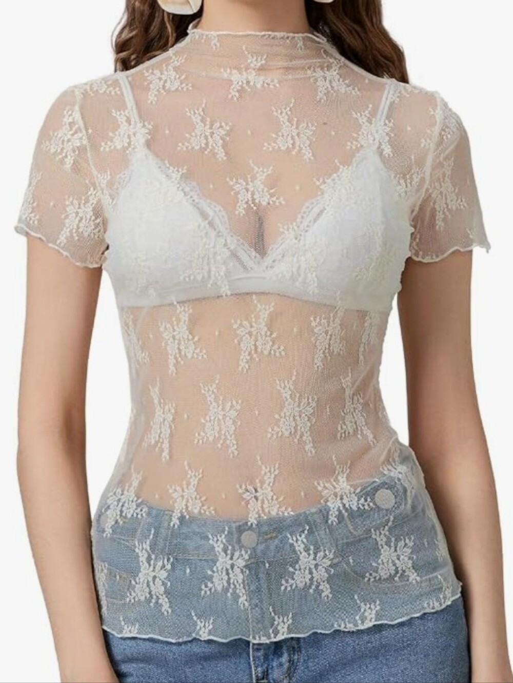 ReoRia Ivory Floral Sheer Lace Top